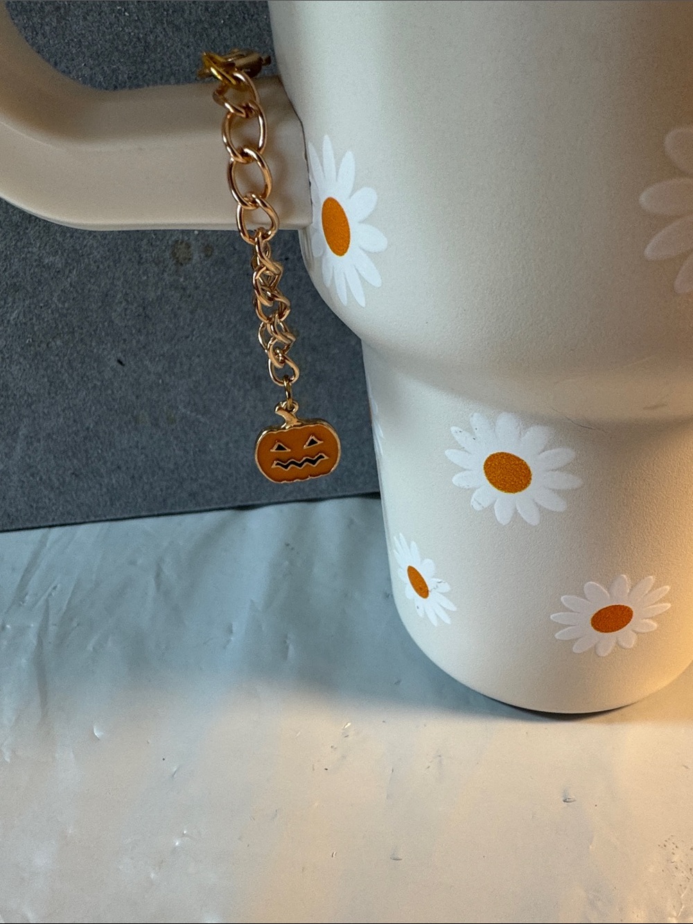 Hand Crafted Cream Daisy Ceramic Mug with Gold Pumpkin Charm